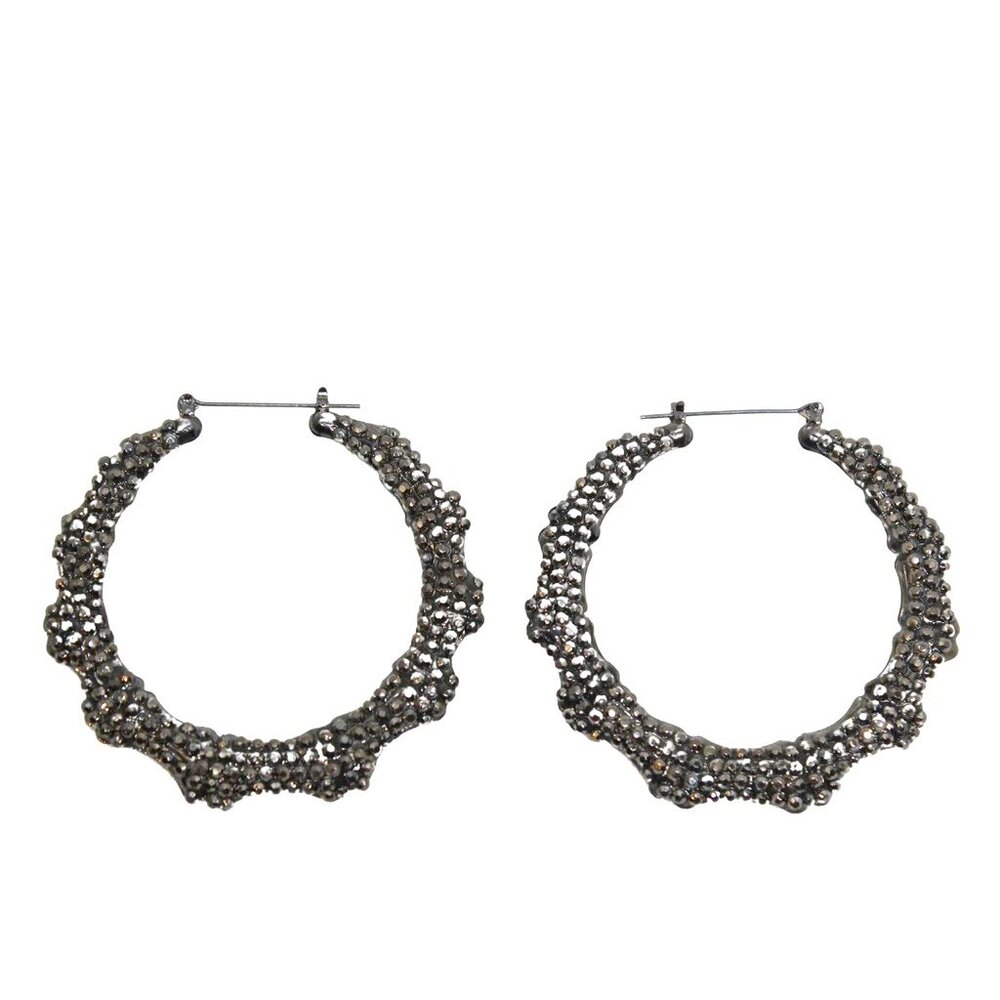 Dark Black Gray Lightweight Large Hoop Gunmetal Bamboo Sparkly Hip Hop Earrings